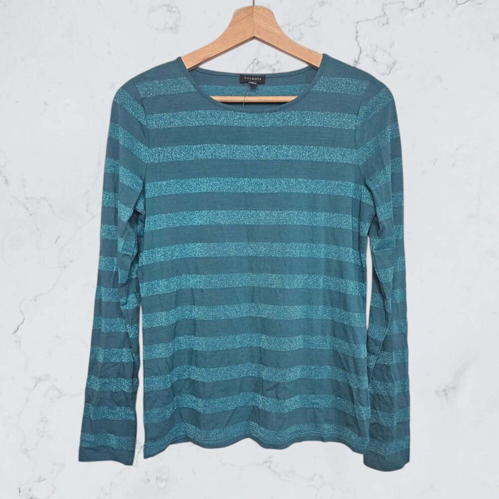 New Talbots Teal Blue Sparkle Striped Lightweight Long Sleeve T-Shirt